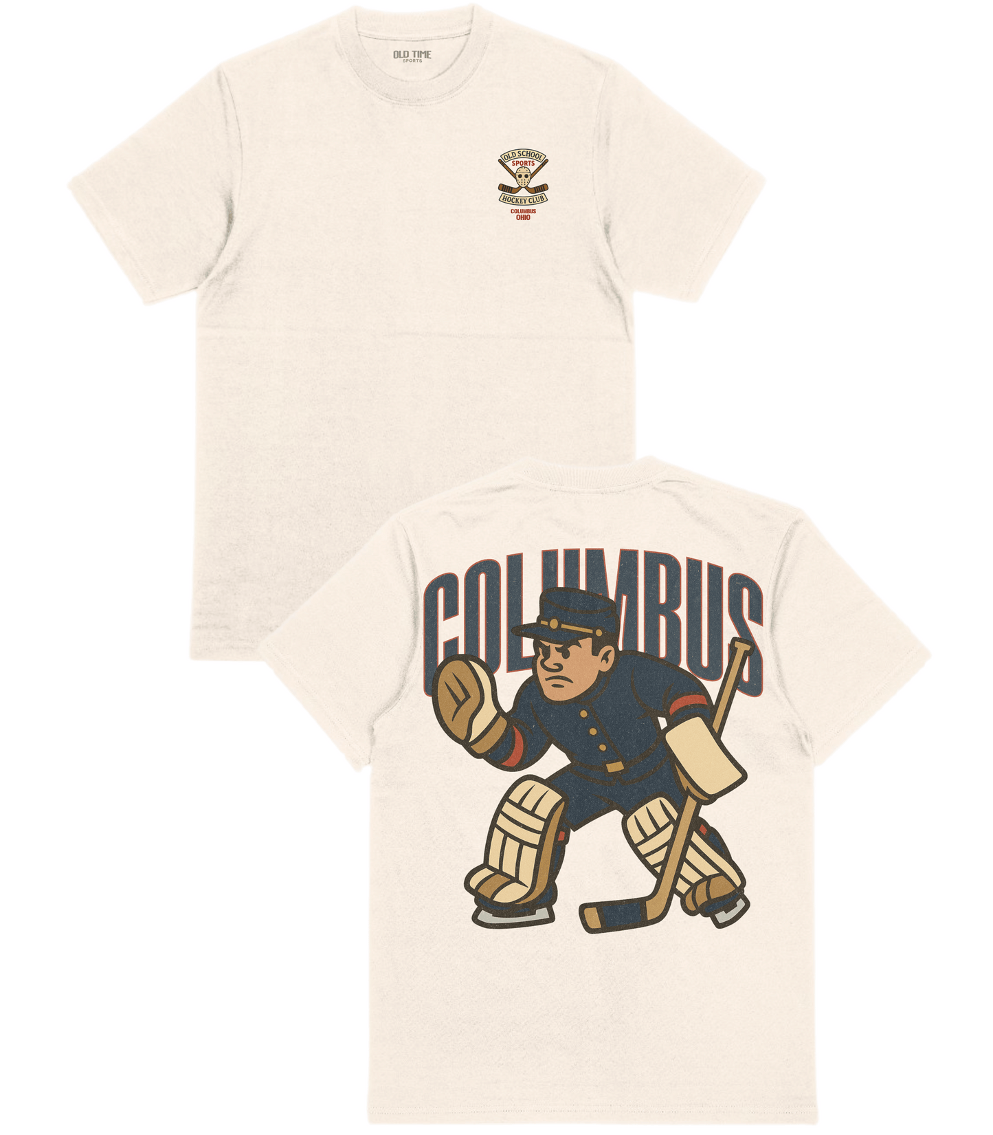 Beige t-shirt with a graphic of a hockey player and 'Columbus' text on a white background