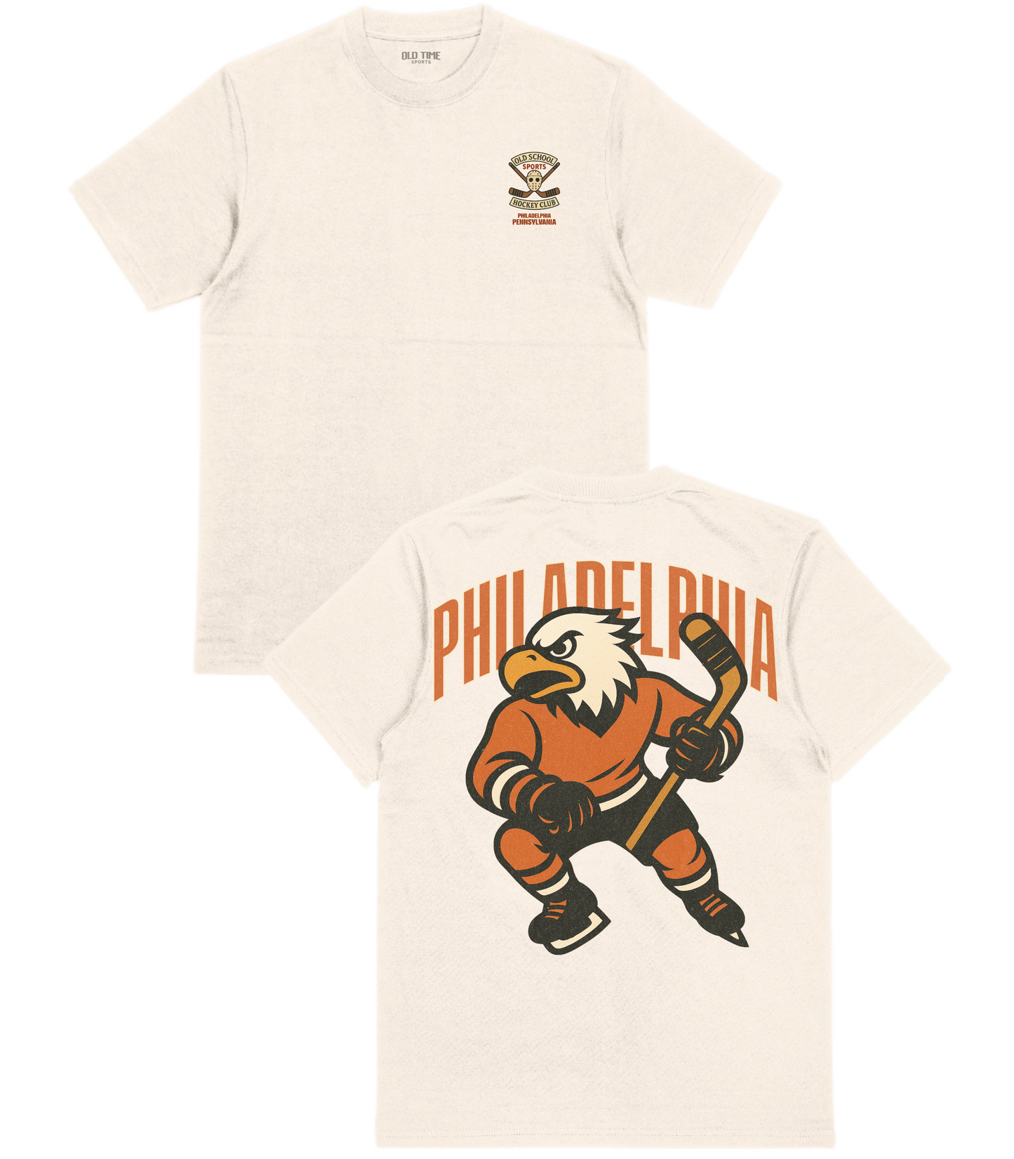 Beige t-shirt with an eagle graphic and 'Philadelphia' text on a white background