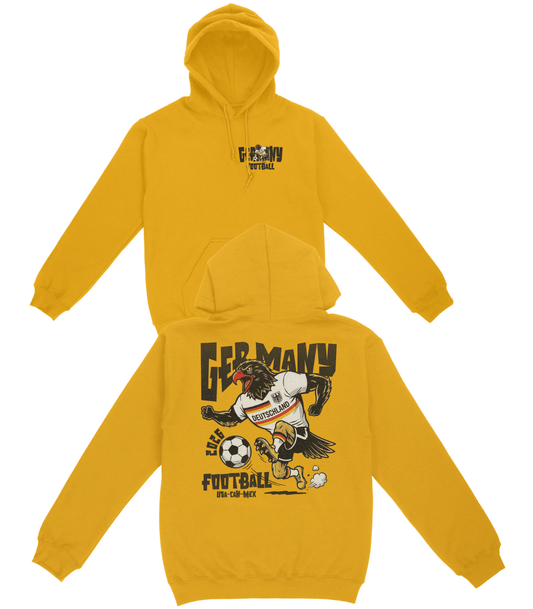 Yellow hoodie with German football design on a white background