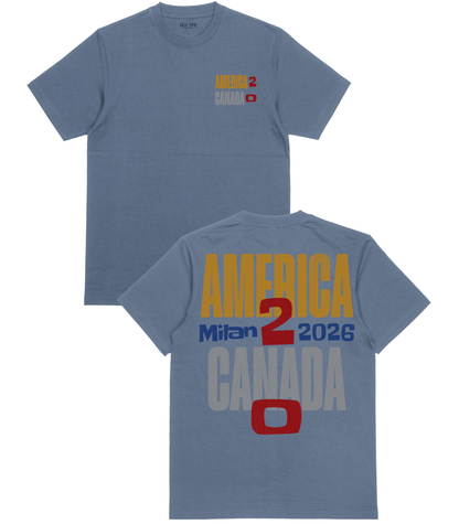 Blue t-shirt with 'America 2 Canada 0' text on front and back, Milan 2026 theme.