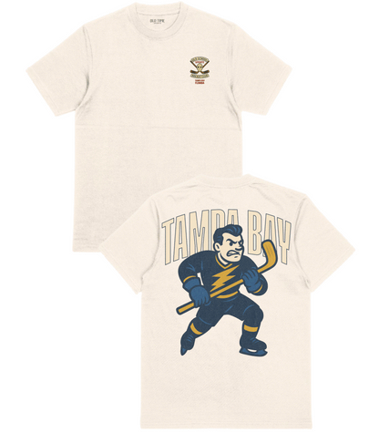 Beige t-shirt with hockey-themed graphic and 'Tampa Bay' text on a white background