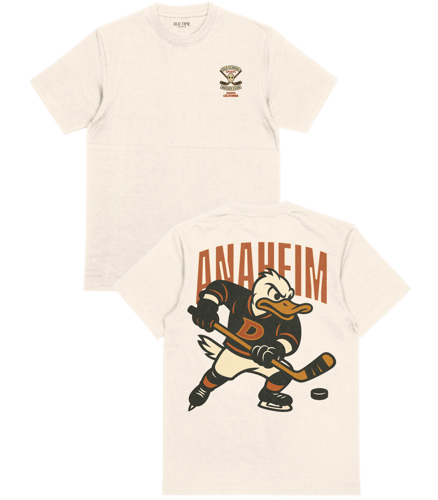 Beige t-shirt with cartoon duck playing hockey and 'Anaheim' text on a white background