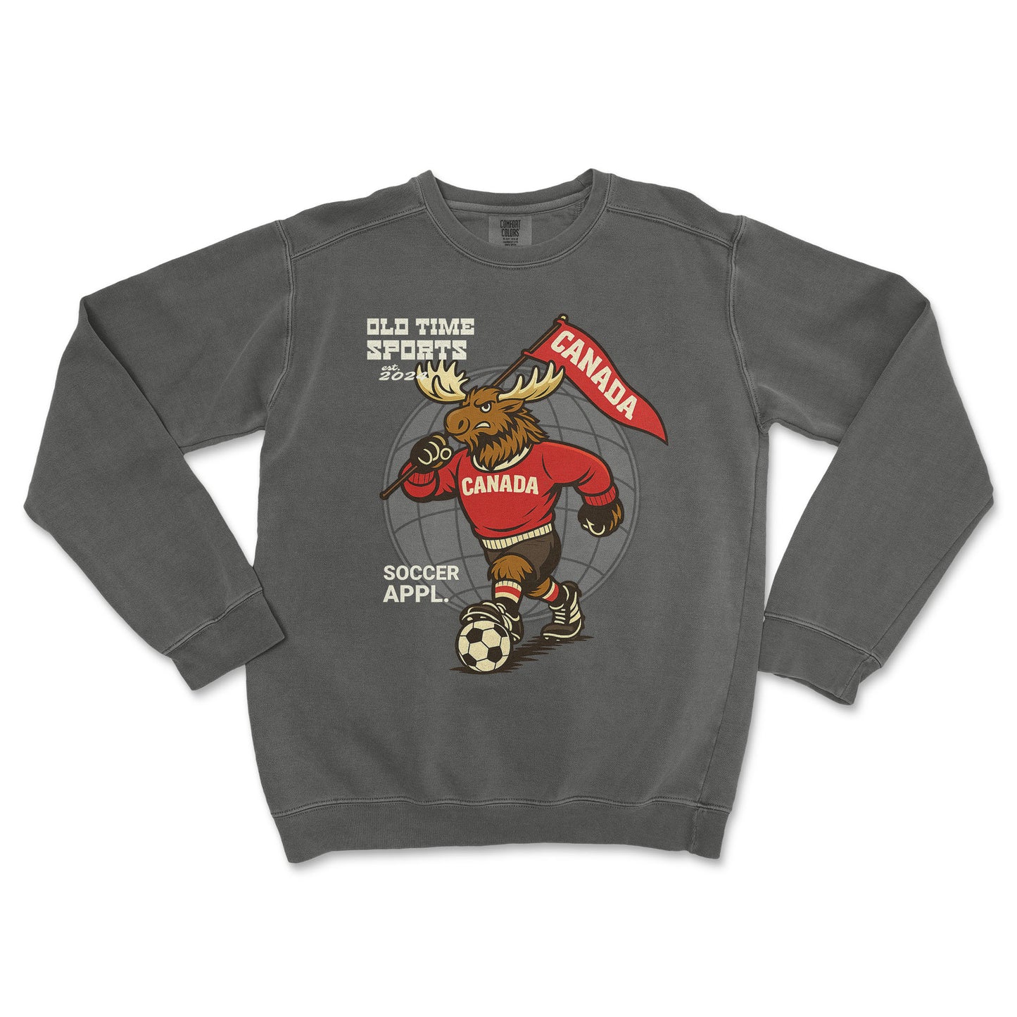 Gray sweatshirt with a moose graphic and 'Old Time Sports' branding on a white background