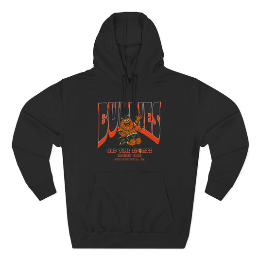 Black hoodie with orange and white graphic design on a white background