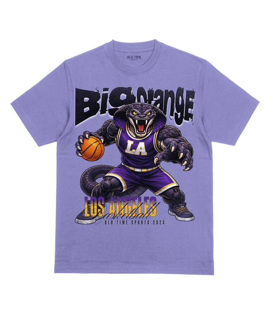 Purple t-shirt with a panther character holding a basketball and 'Los Angeles' text on a clear background