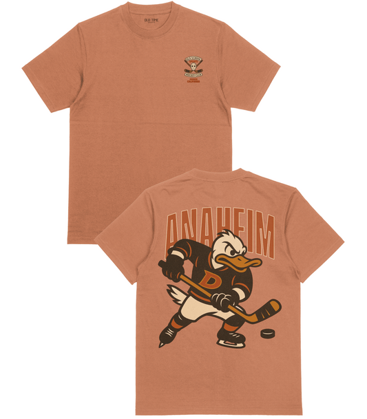 Brown t-shirt with cartoon character and Anaheim text on front and back