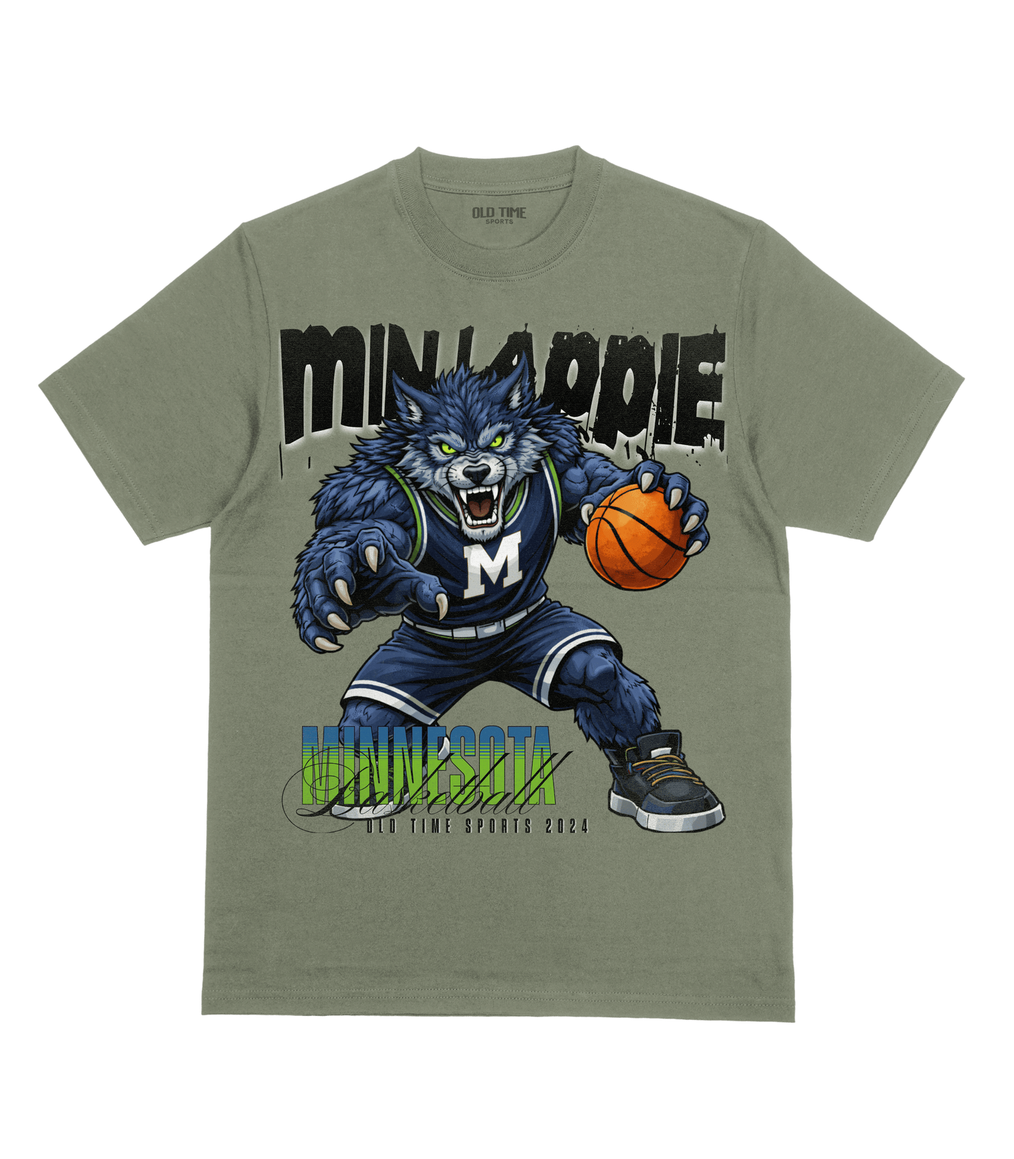 T-shirt with a graphic of a wolf holding a basketball and text on a green background