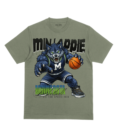 T-shirt with a graphic of a wolf holding a basketball and text on a green background