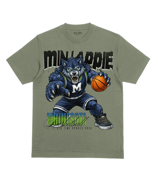 T-shirt with a graphic of a wolf holding a basketball and text on a green background
