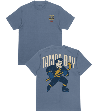 Blue t-shirt with hockey player graphic and 'Tampa Bay' text on a white background