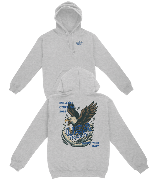 Gray hoodie with eagle design and text on a white background