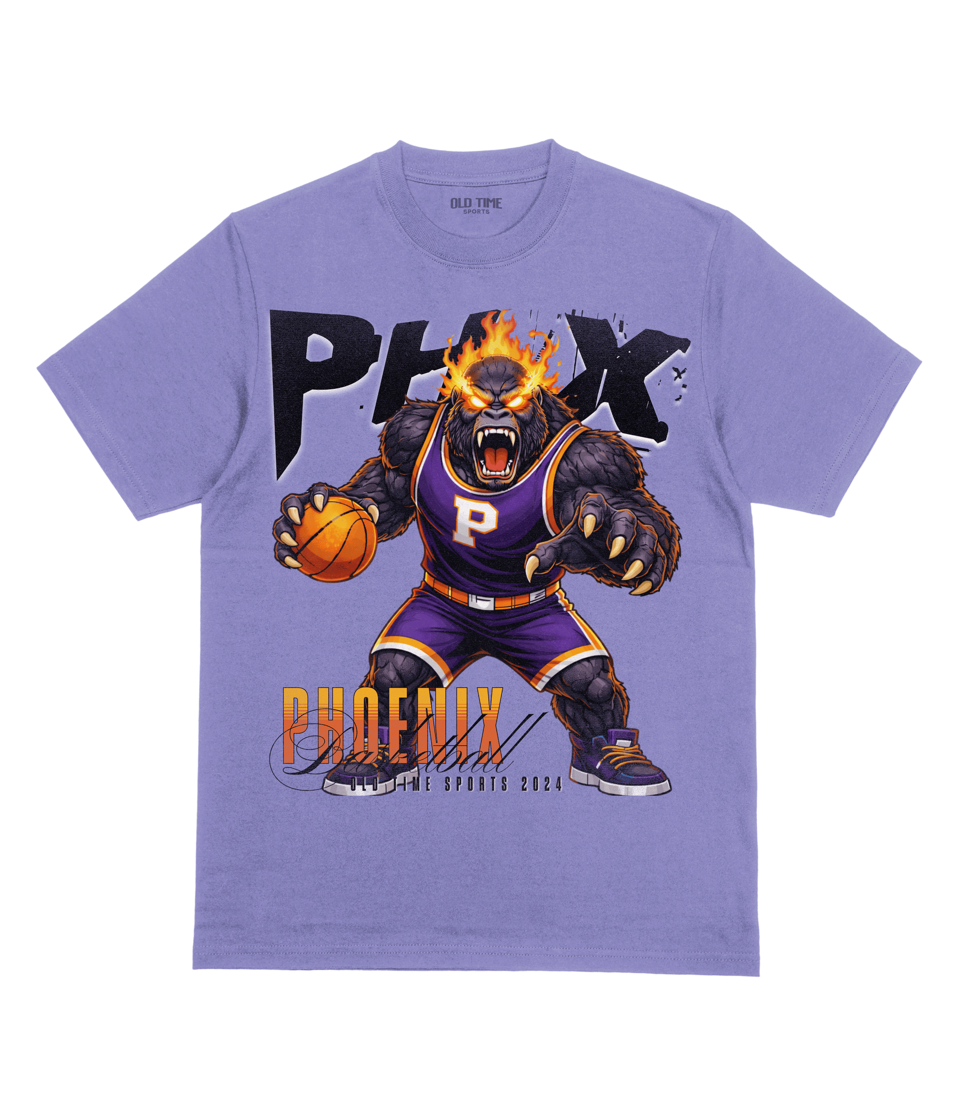 Purple t-shirt with a bear holding a basketball and 'PHX Phoenix' text on a clear background