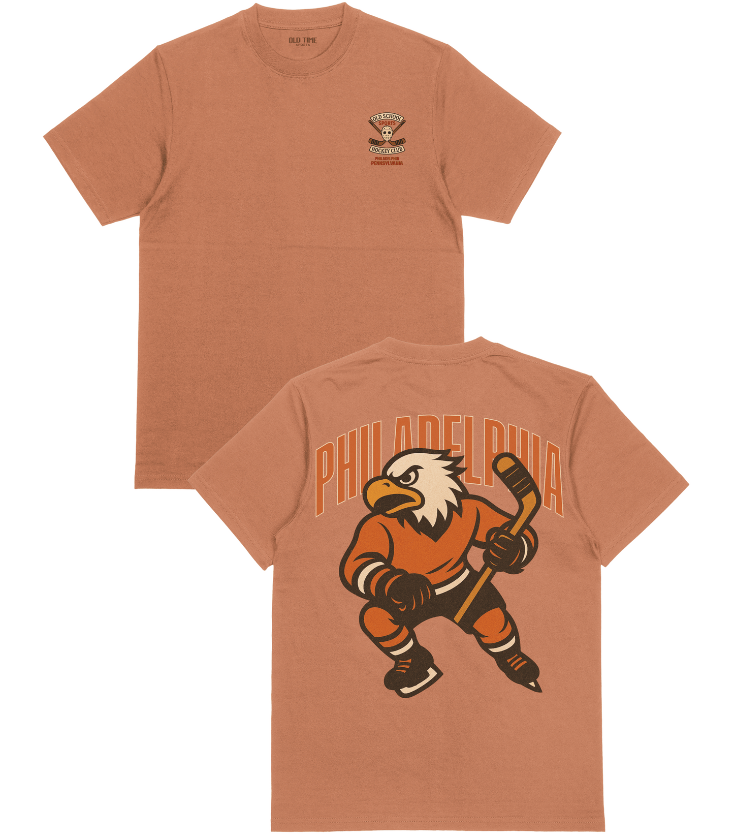 Brown t-shirt with hockey-themed design on front and back