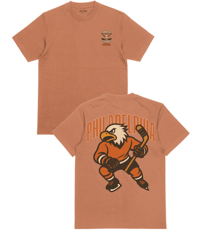 Brown t-shirt with hockey-themed design on front and back