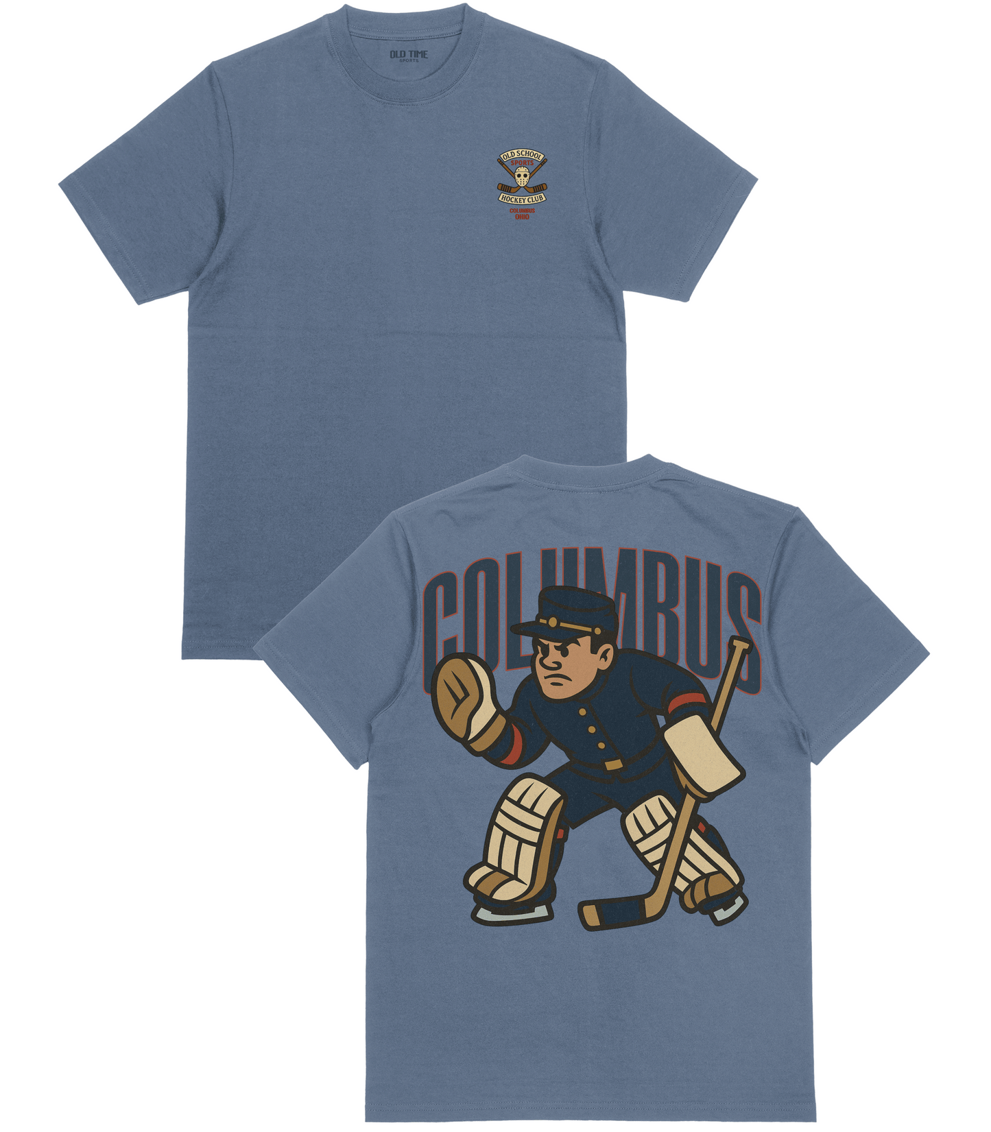 Blue t-shirt with hockey-themed design on front and back