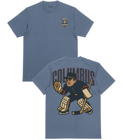 Blue t-shirt with hockey-themed design on front and back