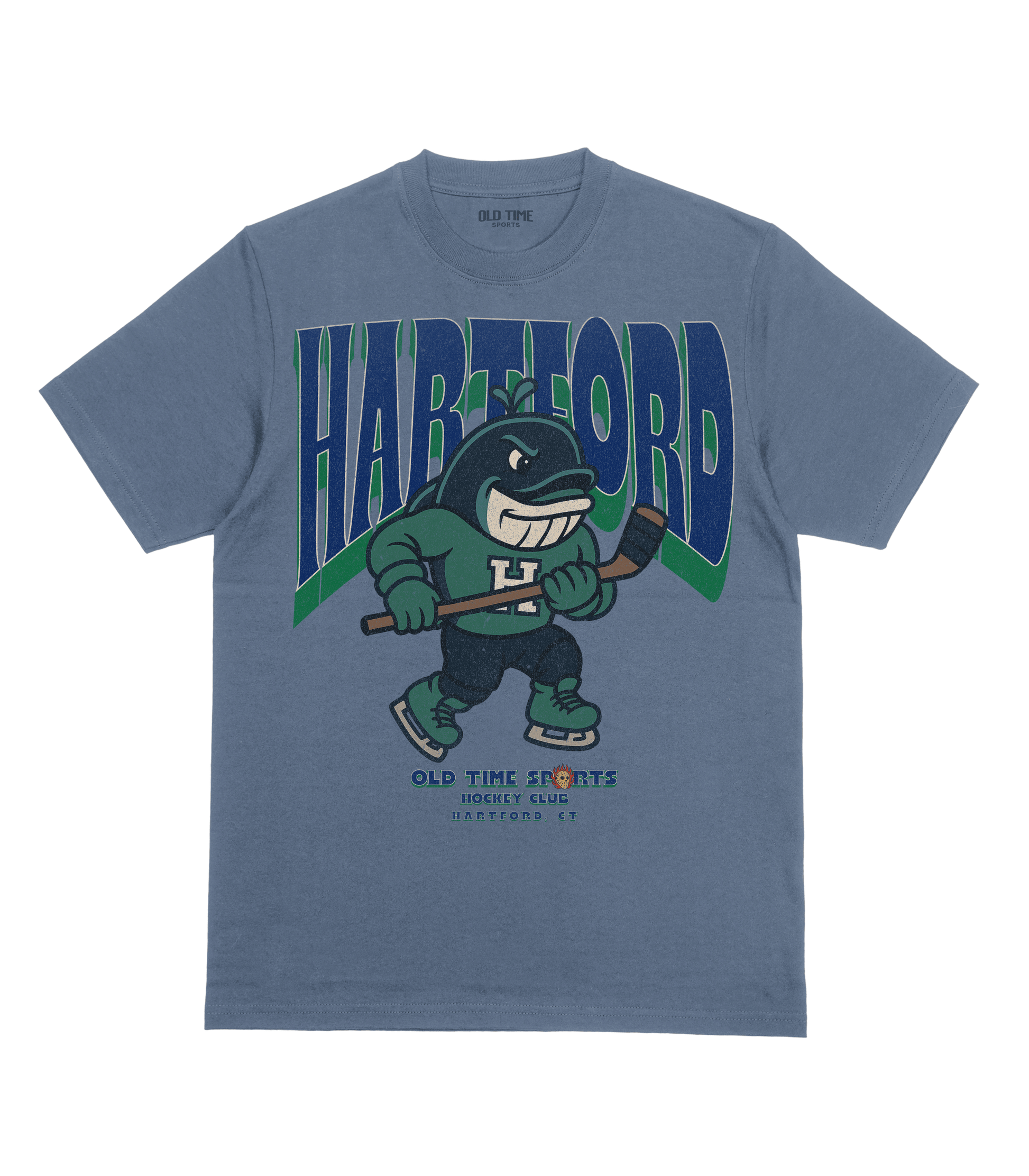 Blue t-shirt with 'Hartford' graphic design on a white background