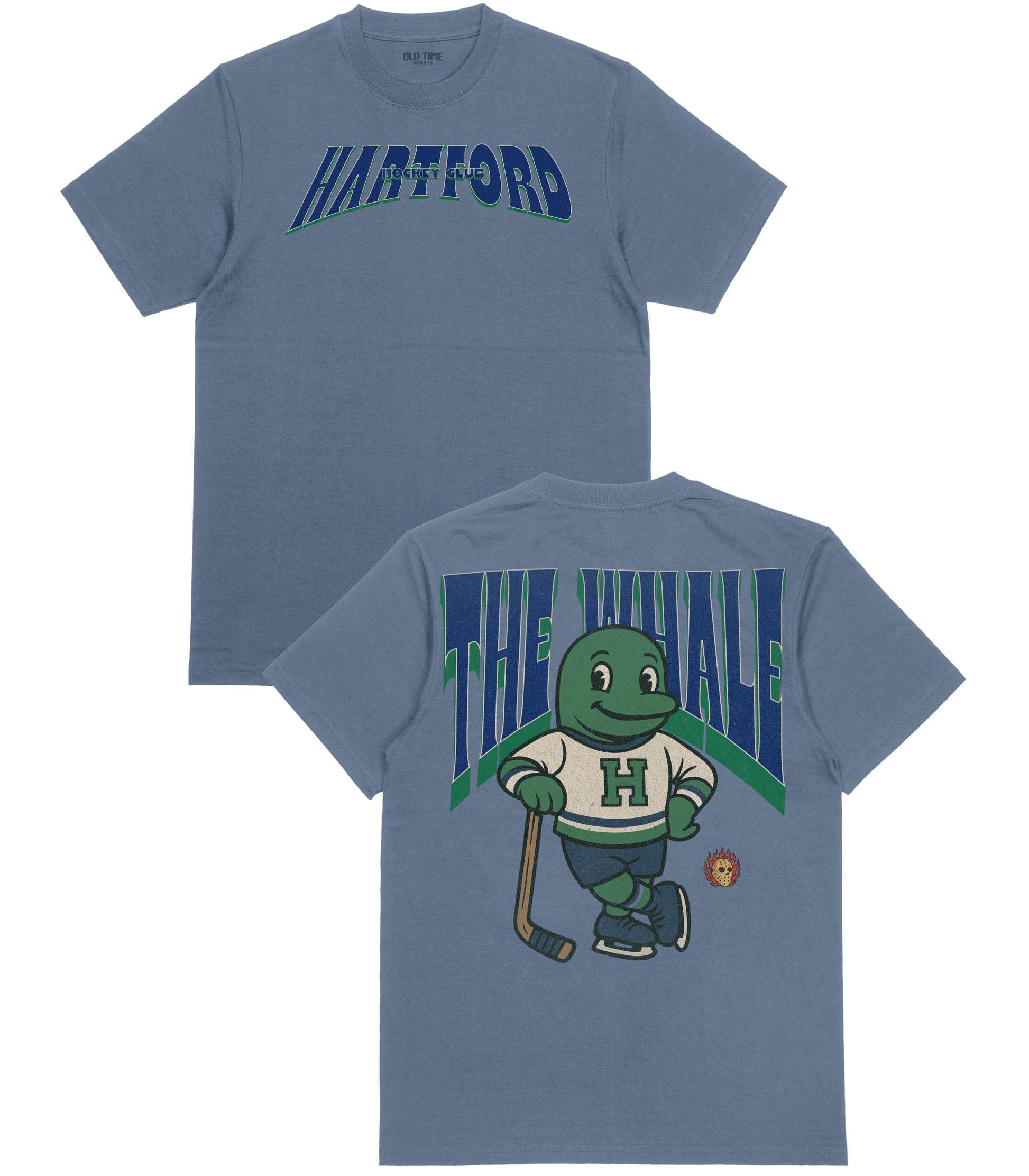 Blue t-shirt with 'Hartford' text on front and cartoon character on back