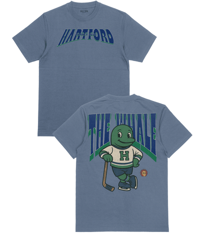 Blue t-shirt with 'Hartford' text on front and cartoon character on back