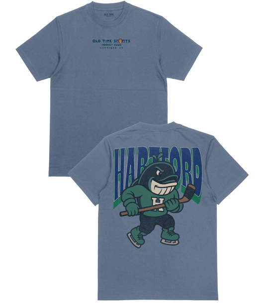 Blue t-shirt with a cartoon hockey player and 'Hartford' text on the front, and 'Old Time Sports' logo on the back.