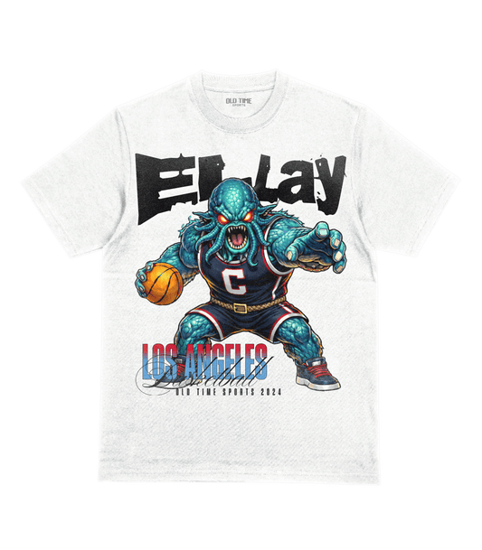 White t-shirt with a graphic of a character holding a basketball and text on a green background