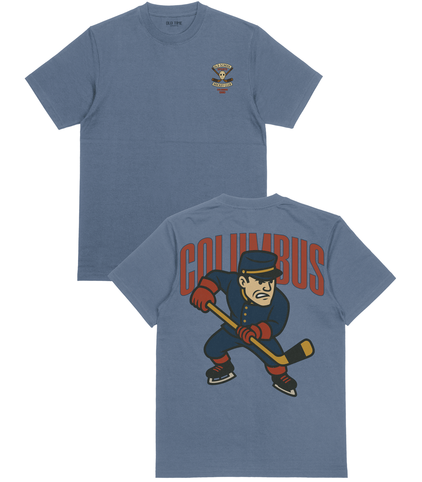 Blue t-shirt with 'Columbus' graphic on front and back