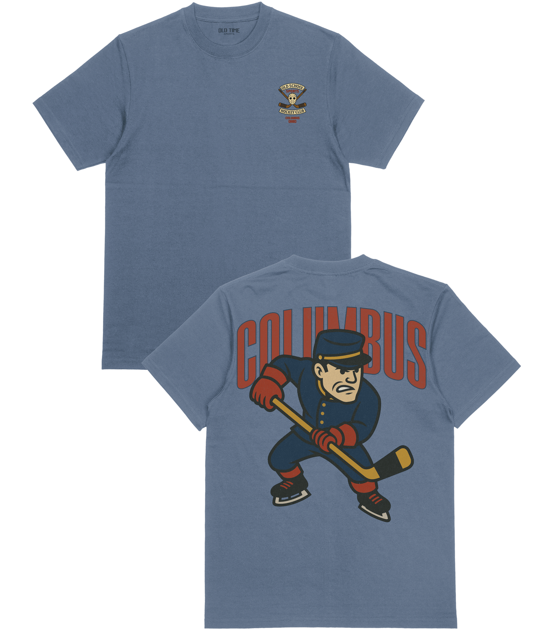 Blue t-shirt with 'Columbus' graphic on front and back