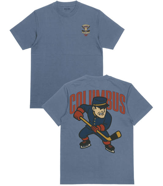 Blue t-shirt with 'Columbus' graphic on front and back