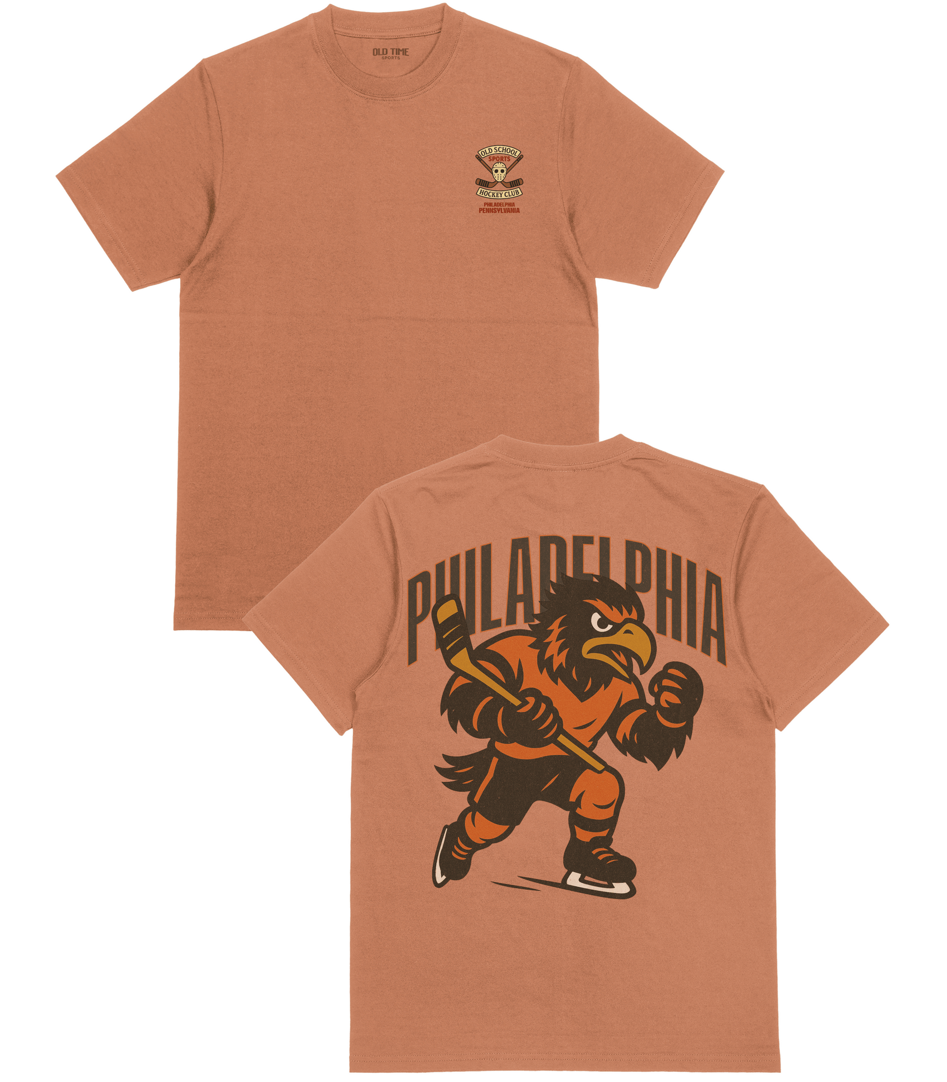 Brown t-shirt with Philadelphia-themed design on front and back