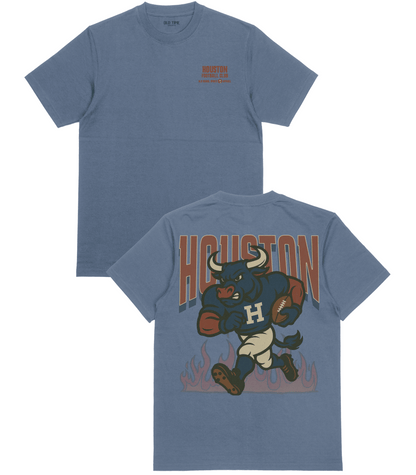 Blue t-shirt with 'Houston' graphic on front and back