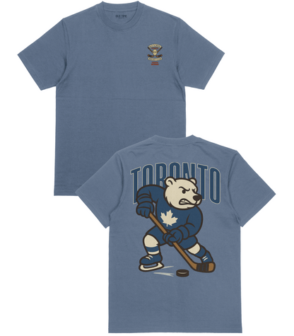 Blue t-shirt with hockey bear design and 'Toronto' text on a white background