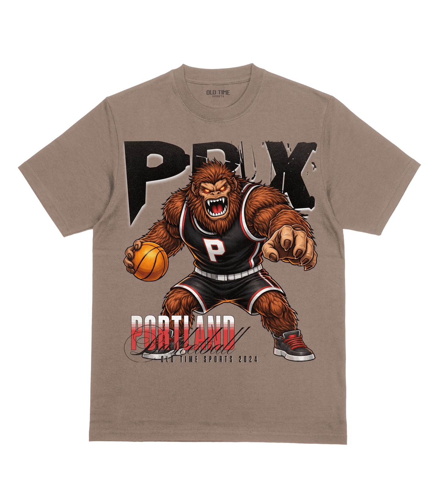 T-shirt with a bear-like character holding a basketball and 'PRYX' branding on a beige background