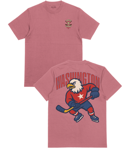Pink t-shirt with hockey-themed design on front and back