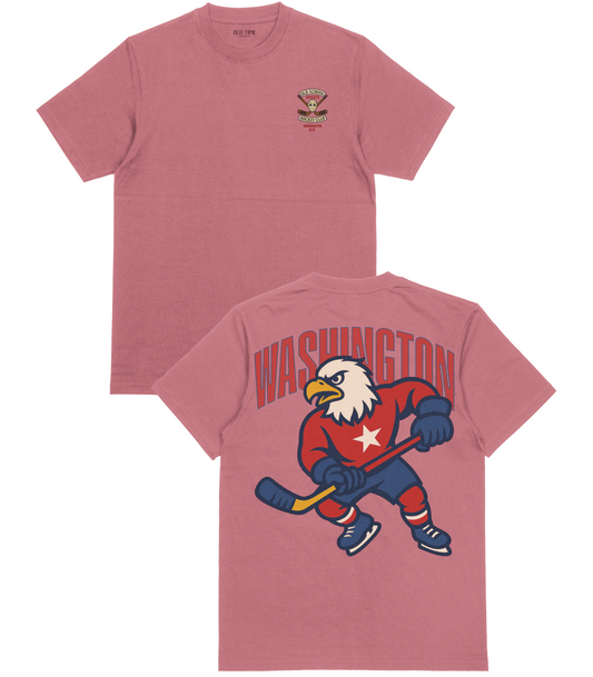 Pink t-shirt with hockey-themed design on front and back