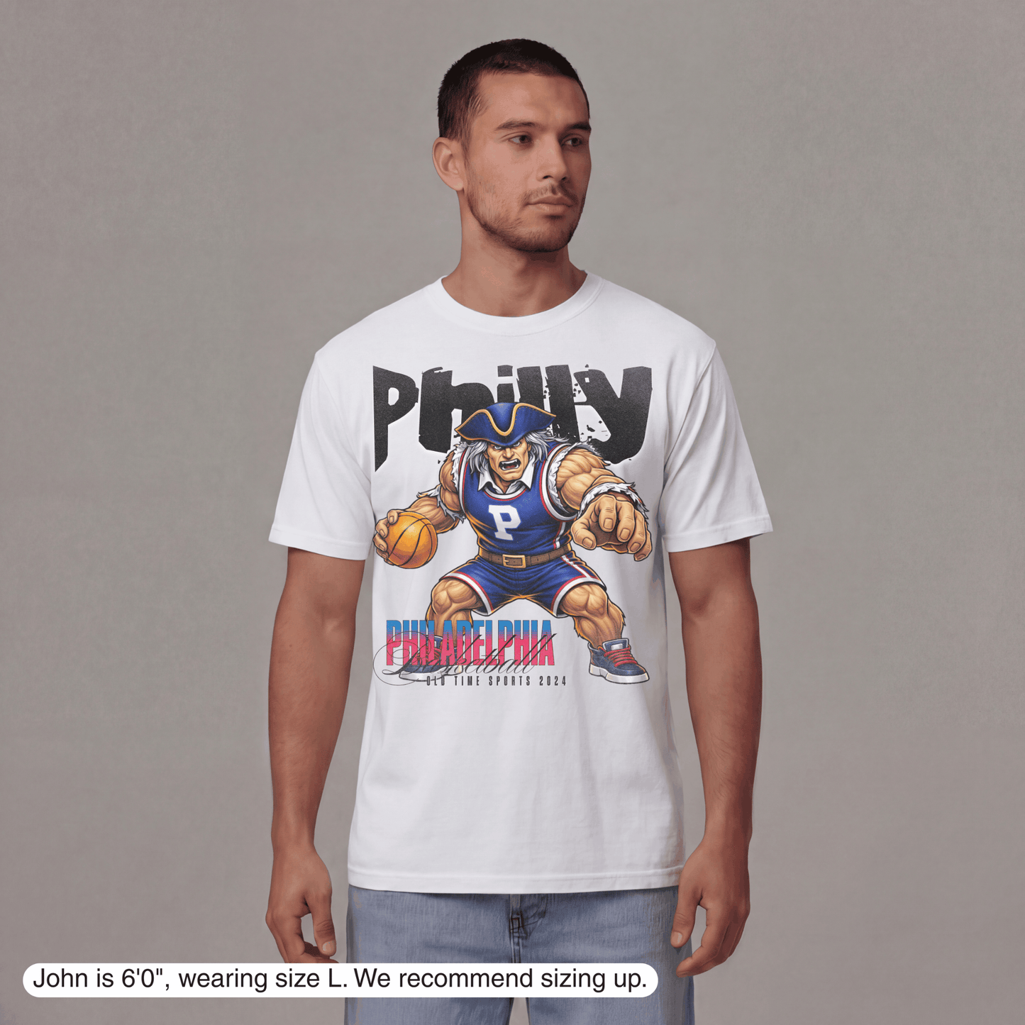 Man wearing a white t-shirt with a graphic design on a gray background