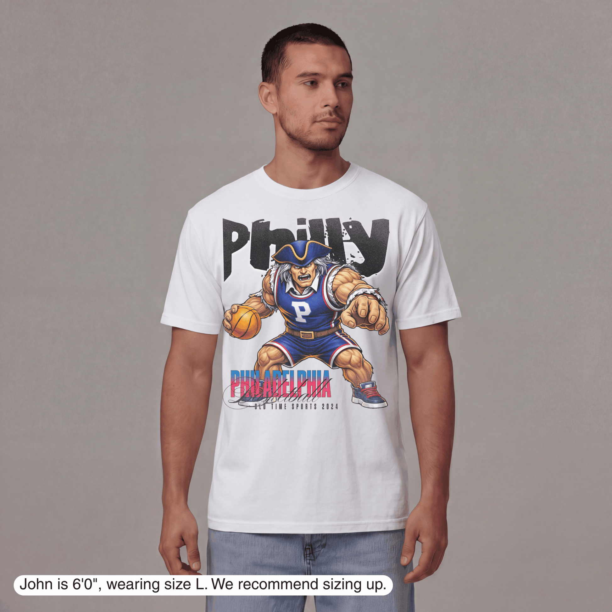 Man wearing a white t-shirt with a graphic design on a gray background