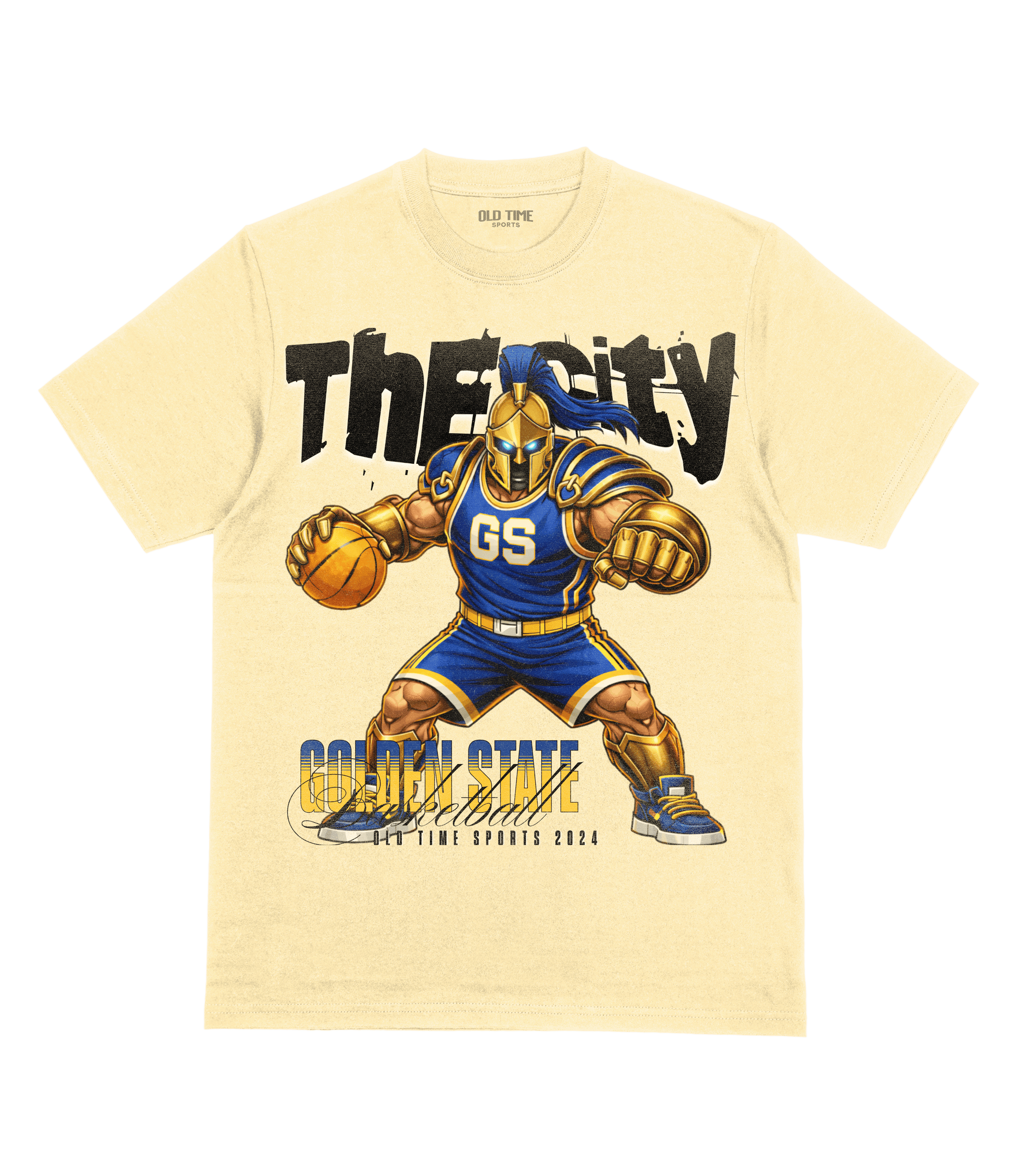 Beige t-shirt with a graphic of a basketball player and text 'The City Golden State' on a green background
