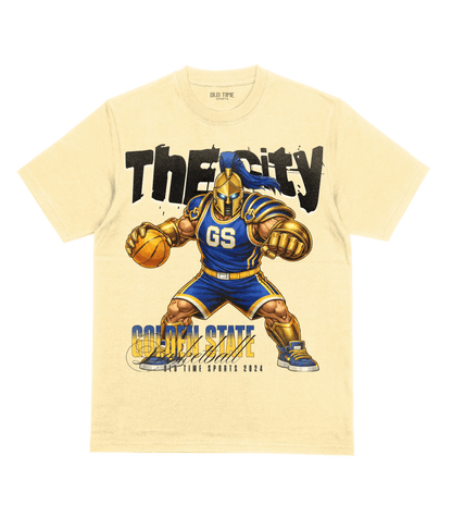 Beige t-shirt with a graphic of a basketball player and text 'The City Golden State' on a green background