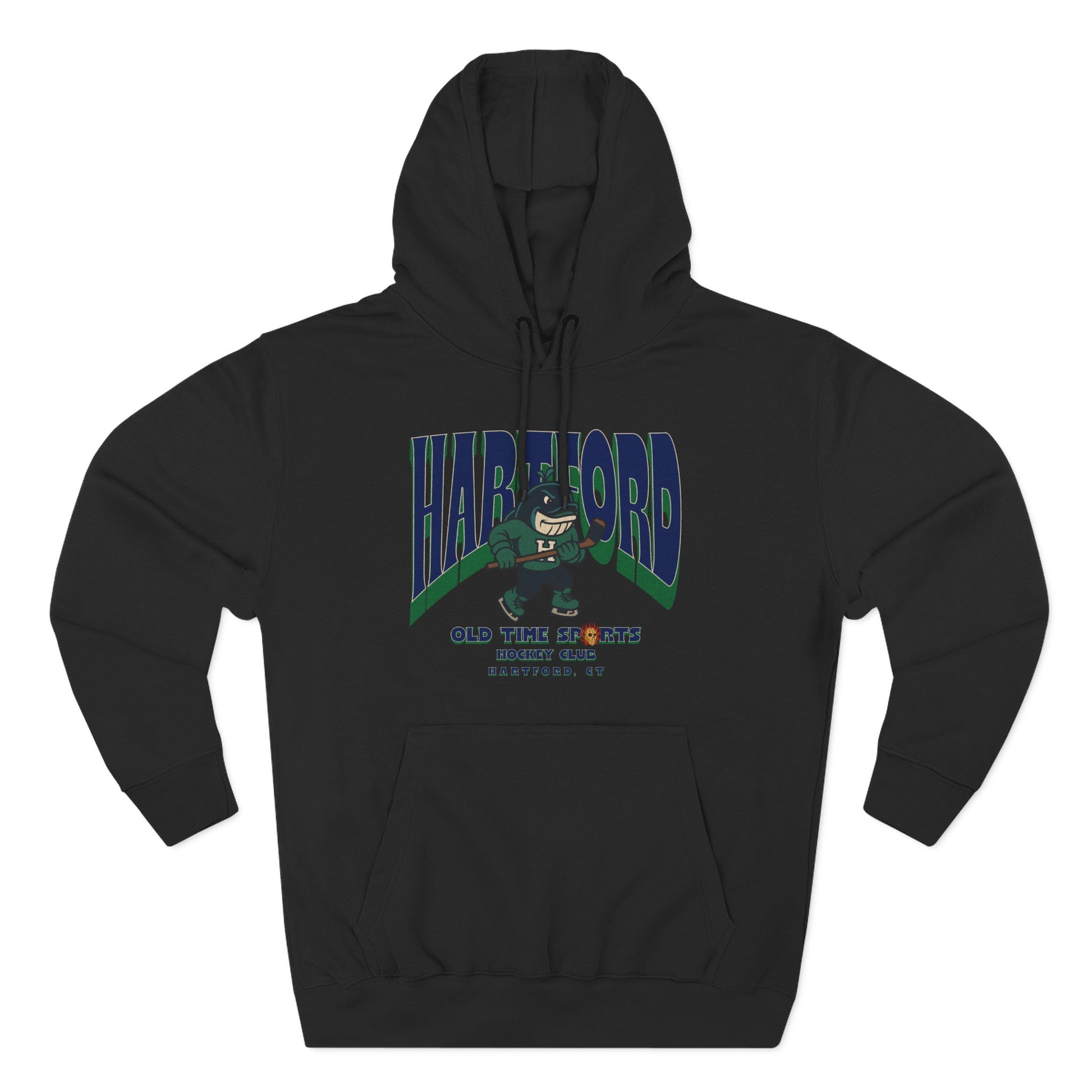 Black hoodie with 'Harford' graphic design on a white background