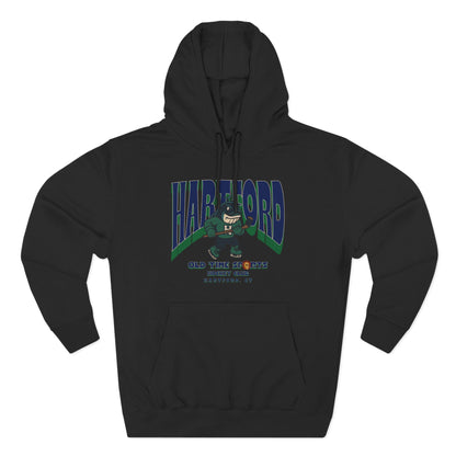 Black hoodie with 'Harford' graphic design on a white background