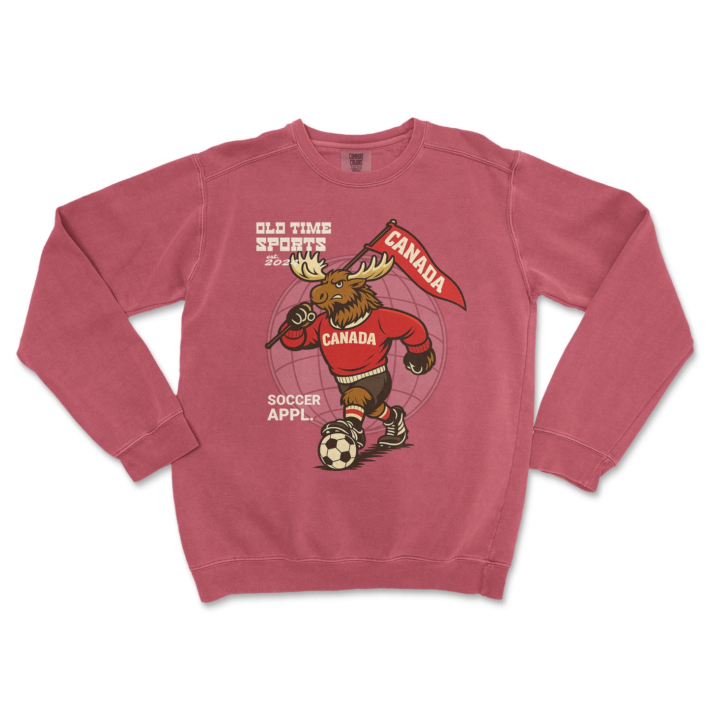 Red sweatshirt with a moose graphic and 'Old Time Sports' text on a white background