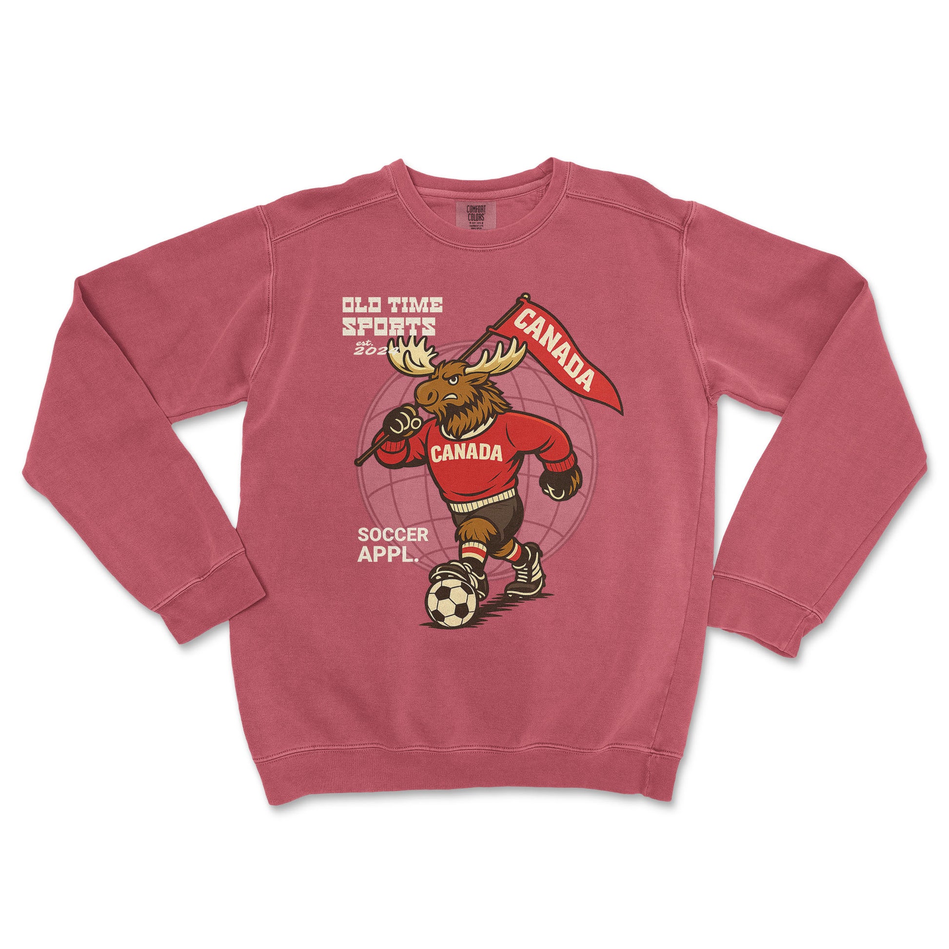 Red sweatshirt with a moose graphic and 'Old Time Sports' text on a white background
