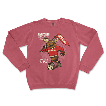 Red sweatshirt with a moose graphic and 'Old Time Sports' text on a white background