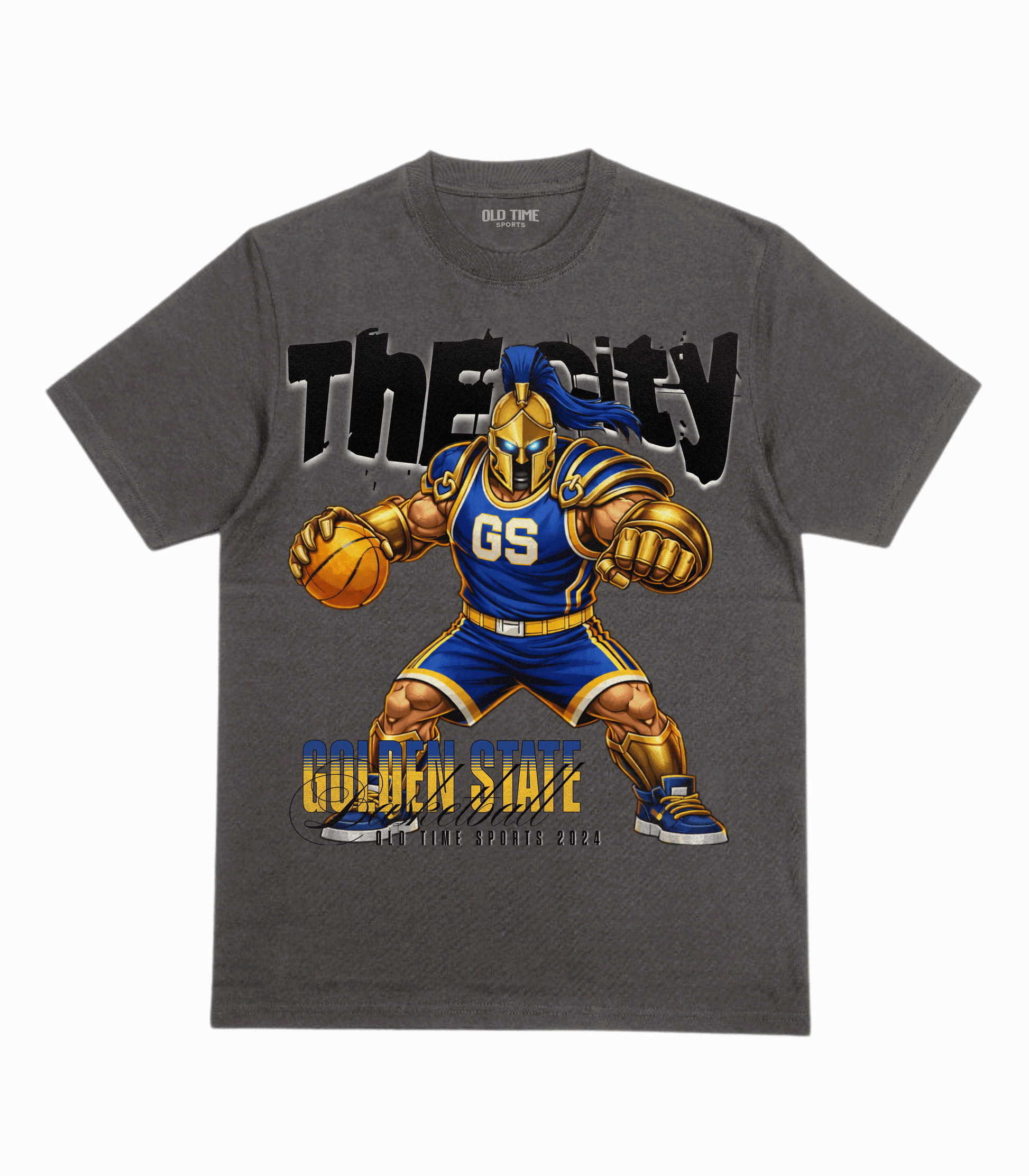 Gray t-shirt with a graphic of a basketball player and 'The City Golden State' text on a gray background