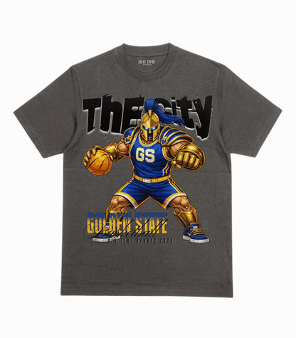 Gray t-shirt with a graphic of a basketball player and 'The City Golden State' text on a gray background