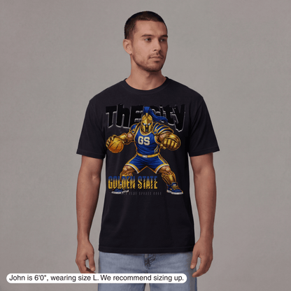 Man wearing a black t-shirt with a graphic design of a basketball player and text on a gray background