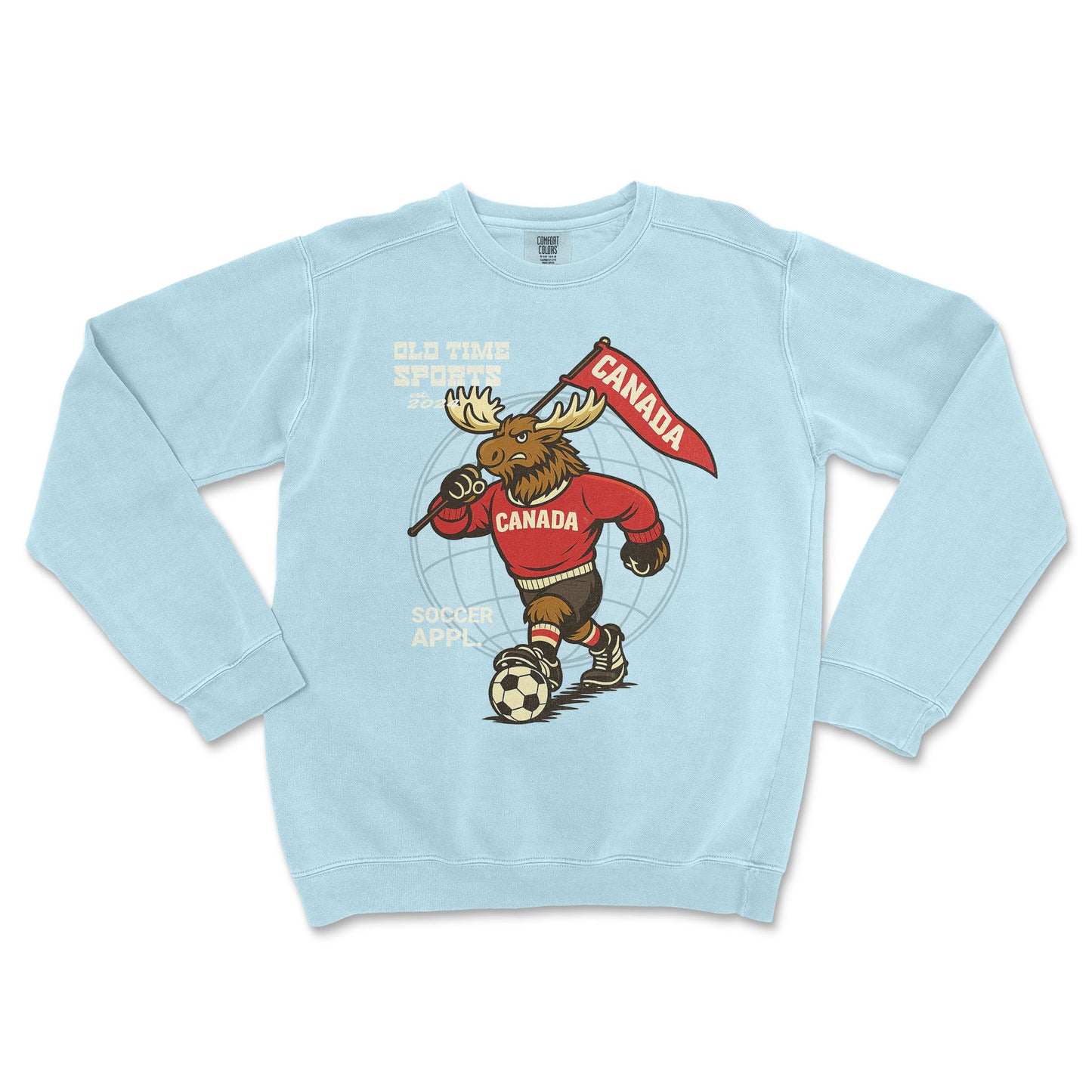 Light blue sweatshirt with a moose wearing a Canada jersey and holding a flag on a white background