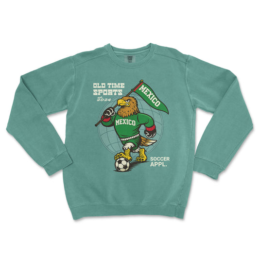 Teal sweatshirt with a graphic of an eagle holding a Mexico flag and soccer ball, labeled 'Old Time Sports'.